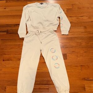 Ocean Drive Cream sweatsuit with Pastel smiley faces - crew neck & joggers SMALL